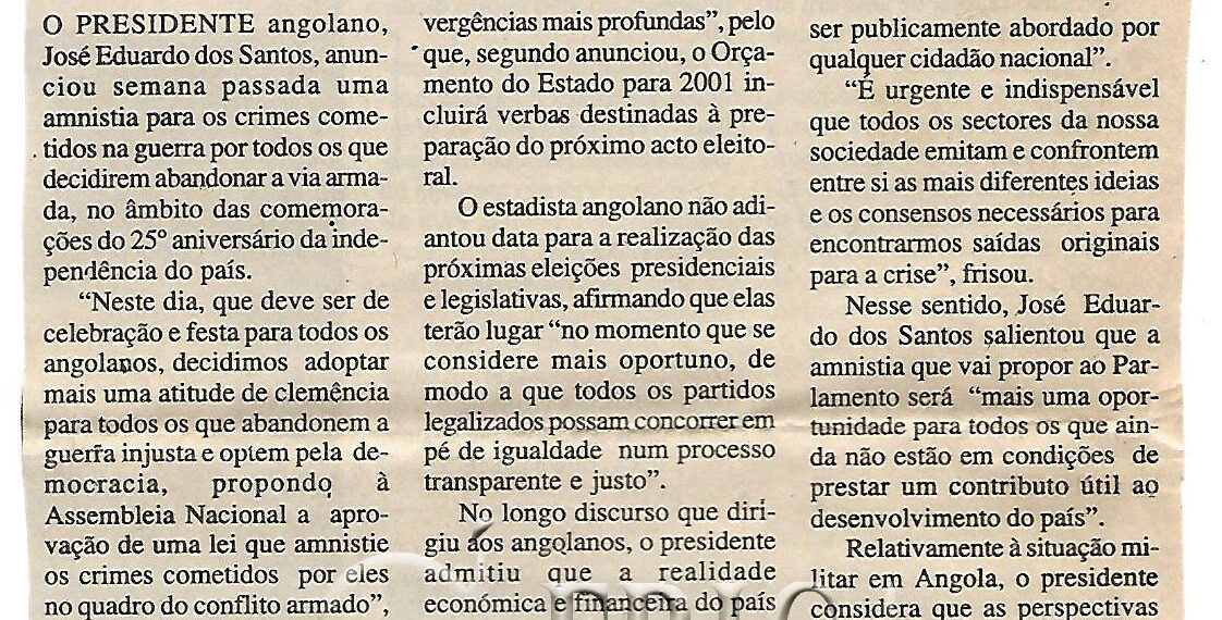 Angola: Dos Santos anuncia amnistia para criminosos de guerra – 13 de Novembro de 2000 (Notícias)
