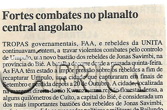 Fortes combates no planalto central angolano – 08 de Novembro de 2000 (Notícias)