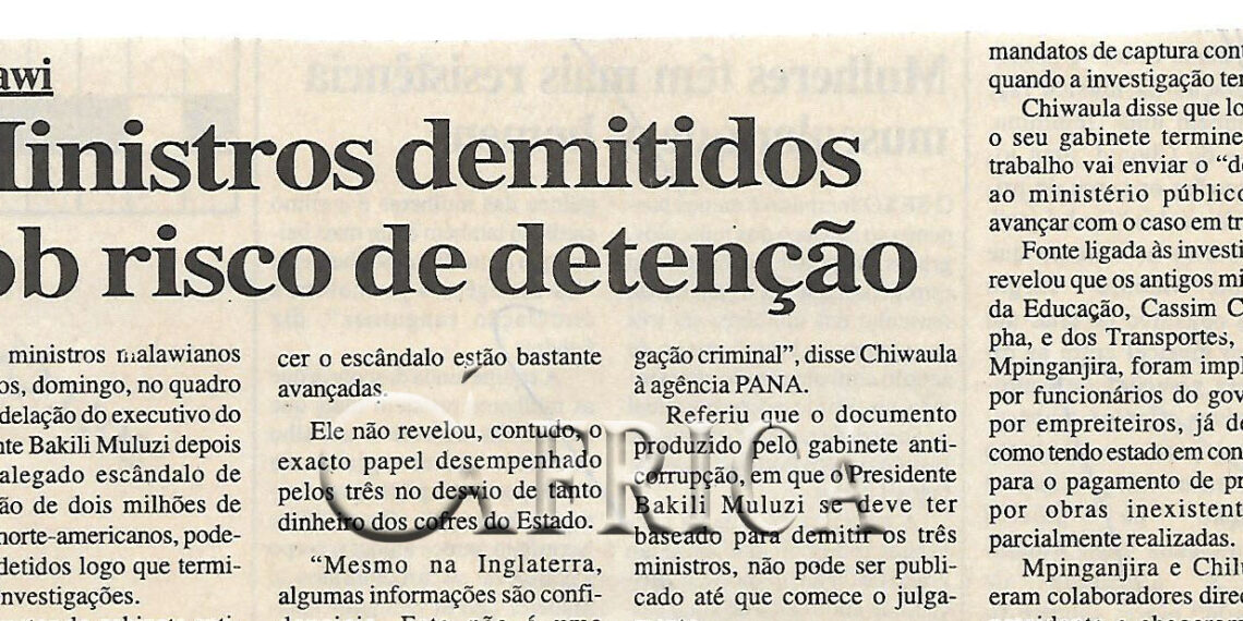 Malawi: Ministros demitidos sob risco de detenção – 08 de Novembro de 2000 (Notícias)