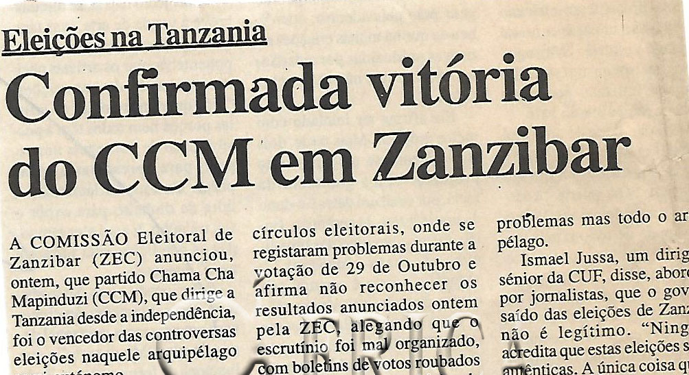 Eleições na Tanzania: Confirmada vitória do CCM em Zanzibar – 08 de Novembro de 2000 (Notícias)