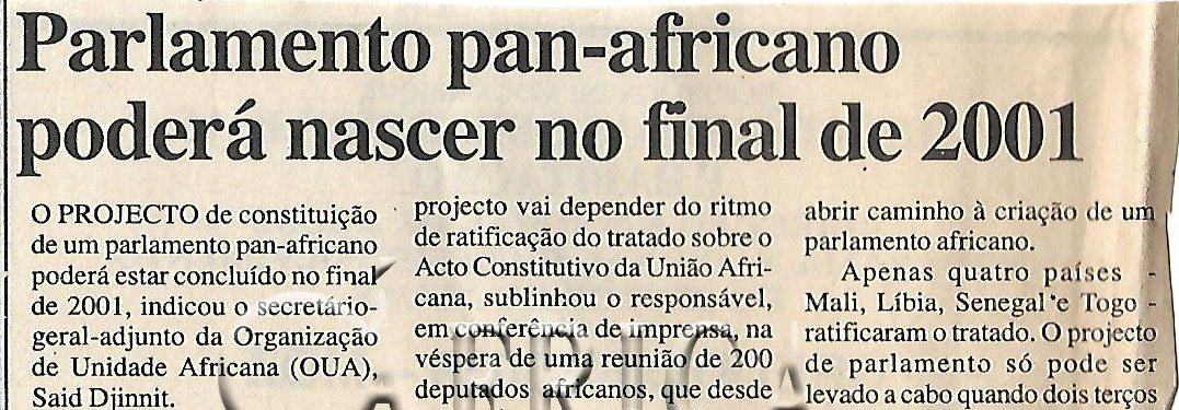 Parlamento pan-africano poderá nascer no final de 2001 – 08 de Novembro de 2000 (Notícias)