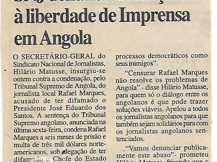 SNJ denuncia restrições à liberdade de Imprensa em Angola – 02 de Novembro de 2000 (Notícias)