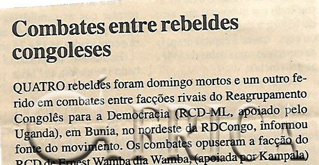 Combates entre rebeldes congoleses – 07 de Novembro de 2000 (Notícias)