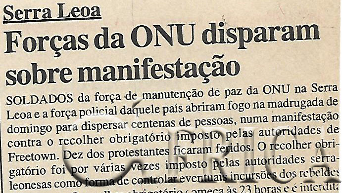 Serra Leoa: Forças da ONU disparam sobre manifestação – 07 de Novembro de 2000 (Notícias)