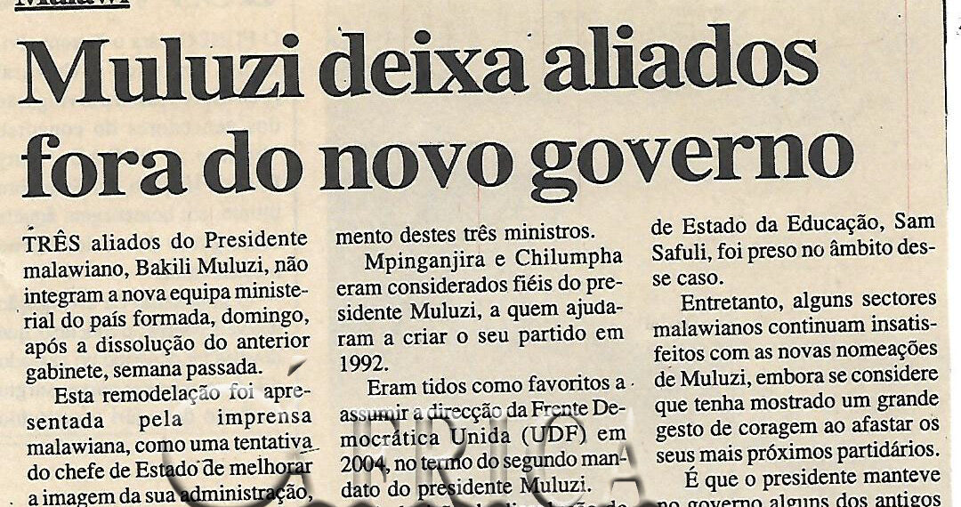 Malawi: Muluzi deixa aliados fora do novo governo – 07 de Novembro de 2000 (Notícias)