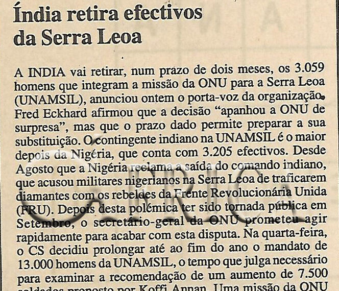Índia retira efectivos da Serra Leoa – 22 de Setembro de 2000 (Notícias)