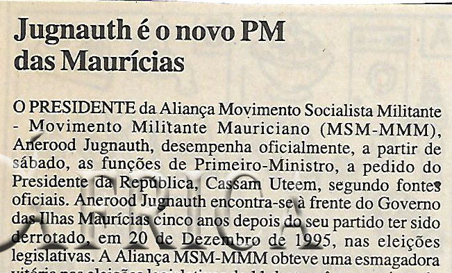 Jugnauth é o novo OM das Maurícias – 18 de Setembro de 2000 (Notícias)
