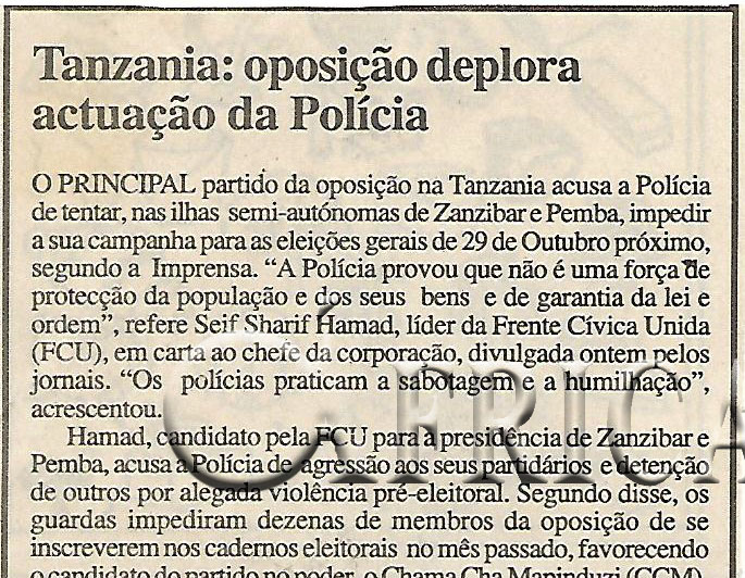 Tanzania: oposição deplora actuação da Polícia – 20 de Setembro de 2000 (Notícias)
