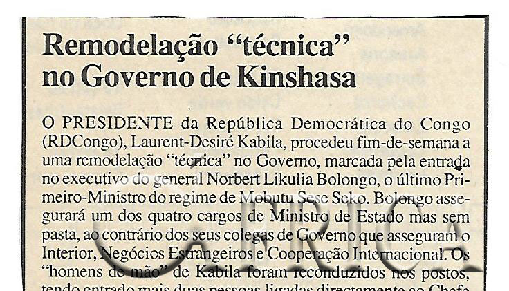 Remodelação “técnica” no Governo de Kinshasa – 04 de Setembro de 2000 (Notícias)