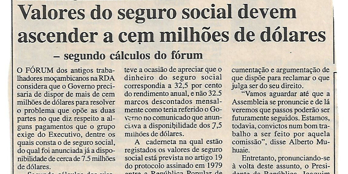 Para os regressados da ex-RDA: Valores do seguro social devem ascender a cem milhões de dólares – segundo cálculos do fórum – 18 de Abril de 2002 (Notícias)