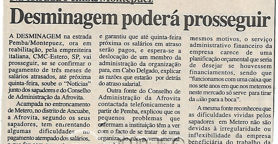 Na estrada Pemba/Montepuez: Desminagem poderá prosseguir – 02 de Março de 2002 (Notícias)