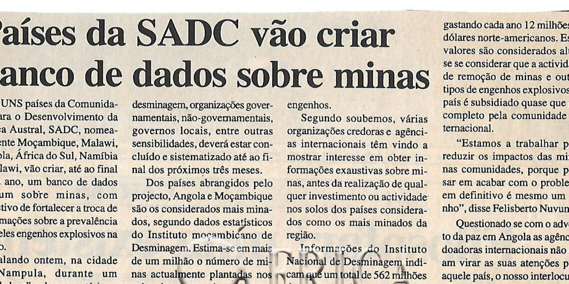 Países da Comunidade de Desenvolvimento da África Austral (SADC) não vai criar dados sobre minas – 13 de Junho de 2002 (Notícias)