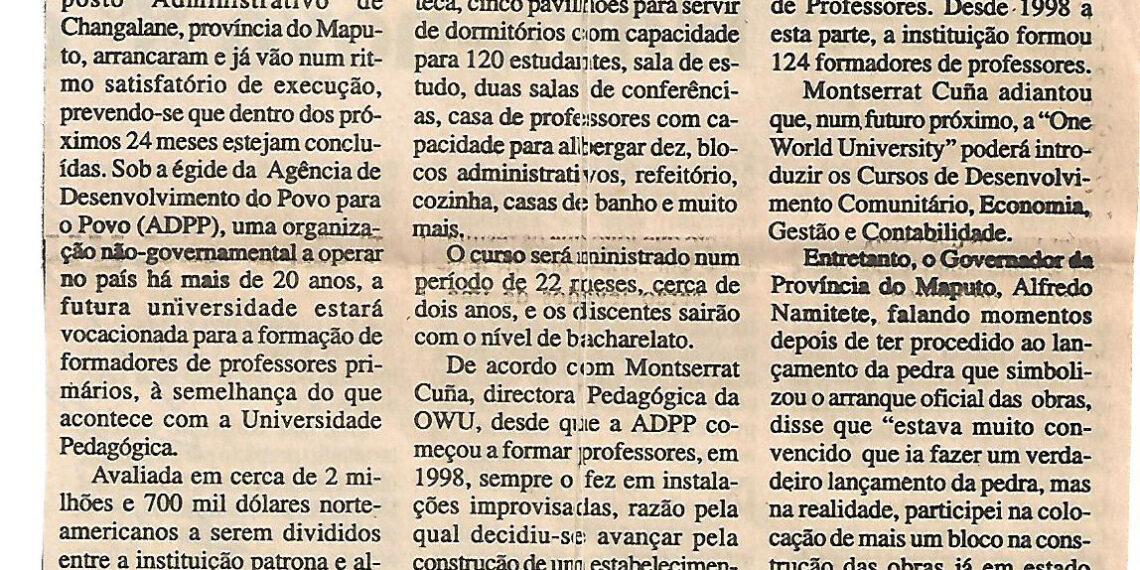 Projectada Universidade para Changalane: Obras ganham corpo e forma – 08 de Junho de 2002 (Notícias)