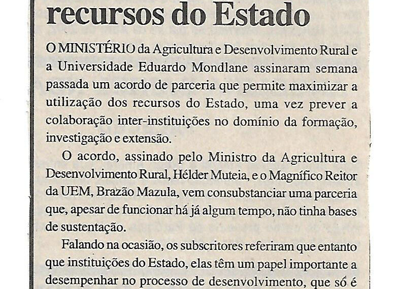 Extensão e investigação: MADER e UEM querem maximizar recursos do Estado – 22 de Abril de 2002 (Notícias)
