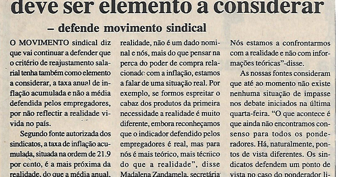 Para o reajustamento do salário mínimo: Taxa de inflação acumulada deve ser elemento a considerar – defende movimento sindical – 27 de Abril de 2002 (Notícias)
