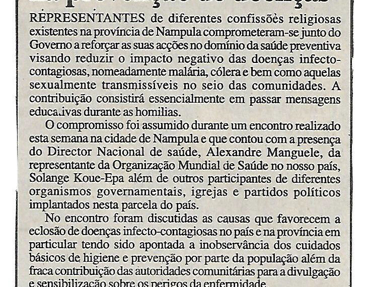 Em Nampula: Igrejas colaboram na prevenção de doenças – 01 de Maio de 2002 (Notícias)
