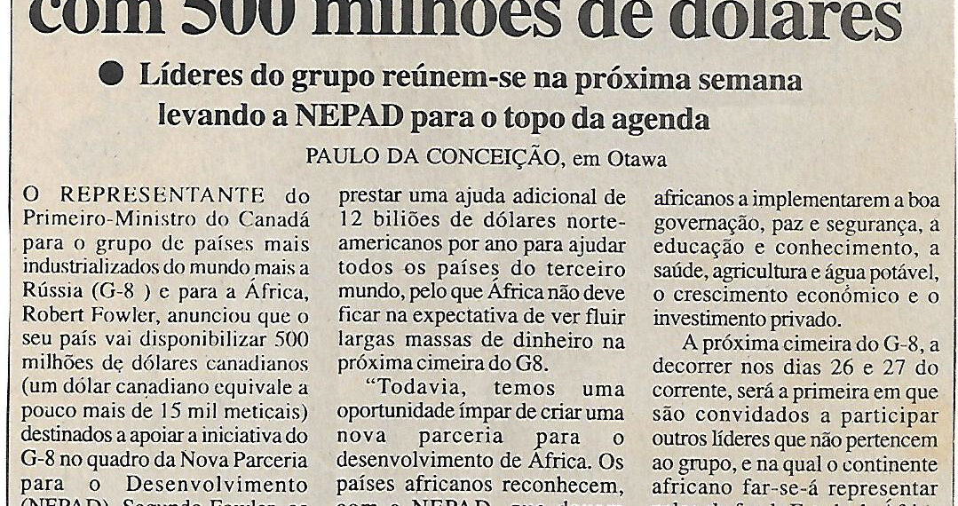 Canadá apoia Nova Parceria para o Desenvolvimento da África (NEPAD) com 500 milhões de dólares: Líderes do grupo reúnem-se na próxima semana levando a NEPAD para o topo da agenda – 22 de Junho de 2002 (Notícias)