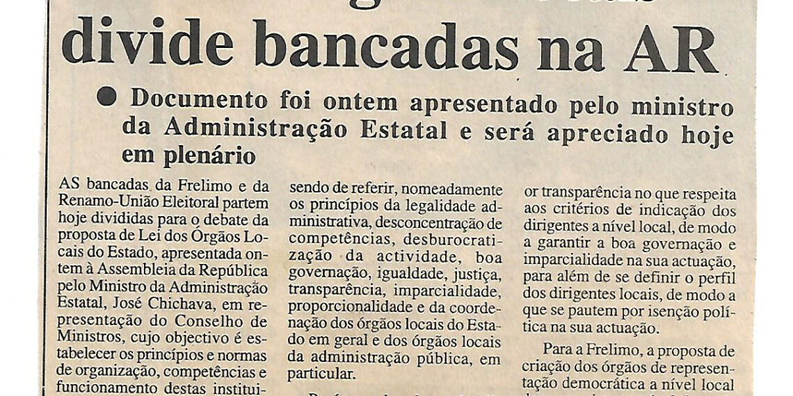 Lei dos Órgãos Locais divide bancadas na AR: Documento foi ontem apresentado pelo ministro da Administração Estatal e será apreciado hoje em plenário – 27 de Março de 2003 (Notícias)