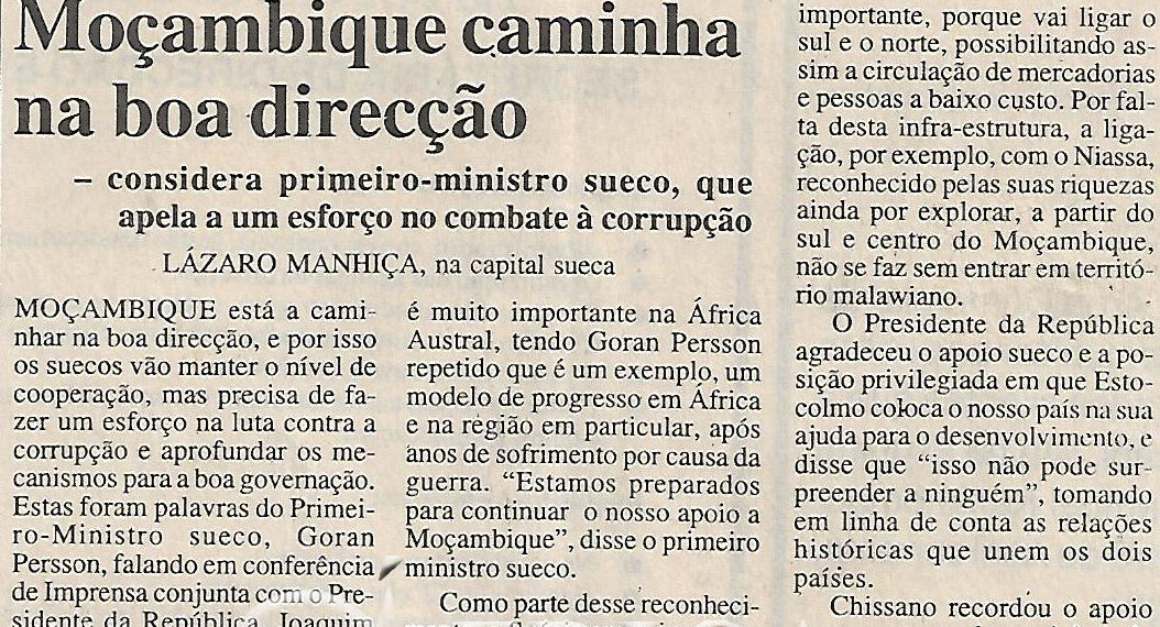 Moçambique caminha na boa direcção – considera primeiro-ministro sueco, que apela a um esforço no combate à corrupção – 03 de Abril de 2003 (Notícias)