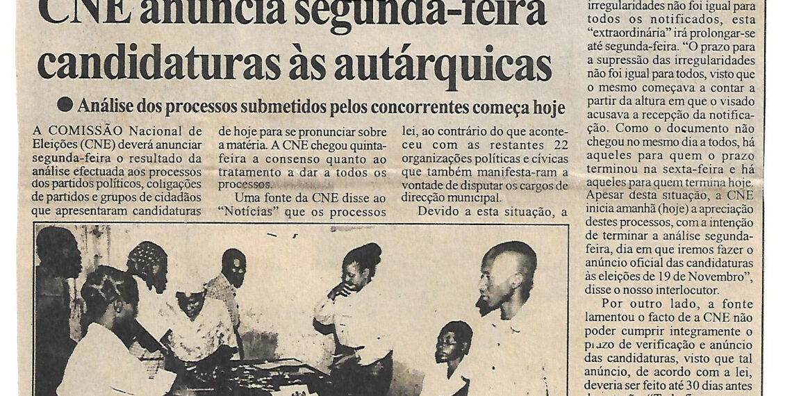 CNE anuncia segunda-feira candidaturas às autárquicas – Análise dos processos submetidos pelos concorrentes começa hoje – 18 de Outubro de 2003 (Notícias)