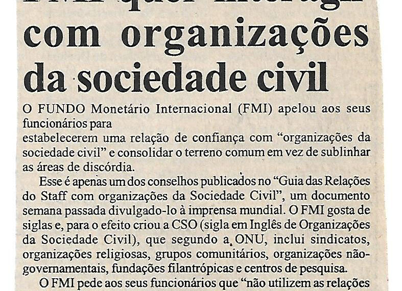 FMI quer interagir com organizações da sociedade civil – 27 de Outubro de 2003 (Notícias)