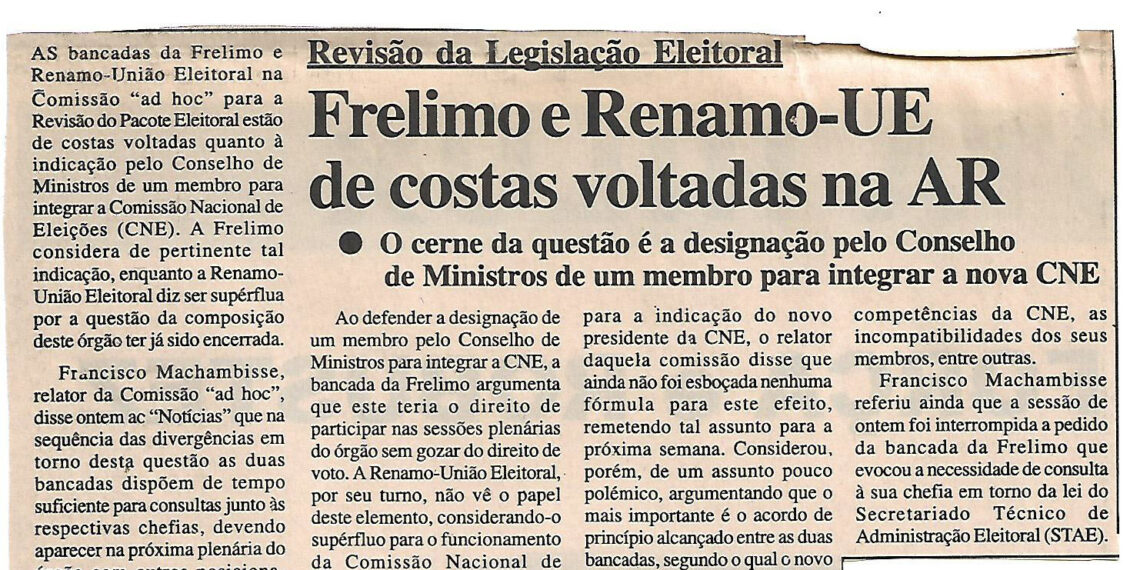 Revisão da Legislação Eleitoral: Frelimo e Renamo-União Eleitoral (Renamo-UE) de costas voltadas na Assembleia da República (AR) – O cerne da questão é a designação pelo Conselho de Ministros de um membro para integrar a nova Comissão Nacional de Eleições (CNE) – 27 de Junho de 2002 (Notícias)