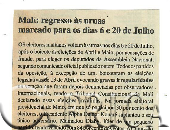 Mali: regresso às urnas marcado para os dias 6 e 20 de Julho – 24 de Maio de 1997 (Notícias)