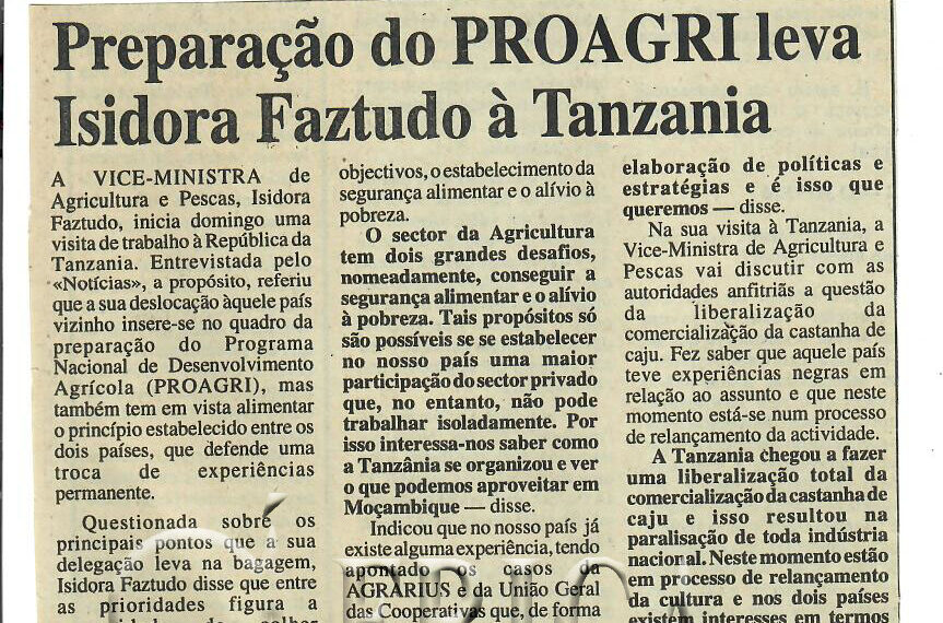 Preparação do Programa Nacional de Desenvolvimento Agrícola (PROAGRI) leva Isidora Faztudo à Tanzania – 31 de Maio de 1997 (Notícias)