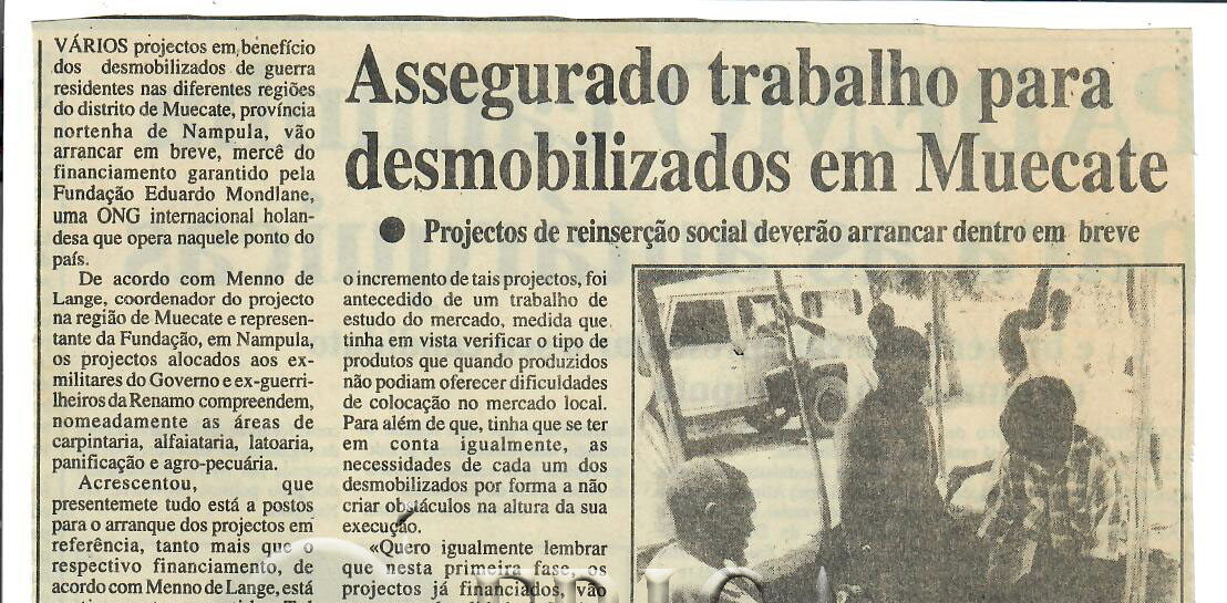 Assegurado trabalho para desmobilizados em Muecate: Projectos de reinserção social deverão arrancar dentro em breve – 23 de Maio de 1997 (Notícias)
