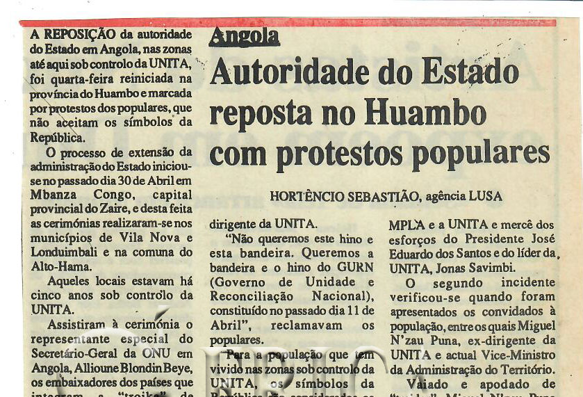 Angola: Autoridade do Estado resposta no Huambo com protestos populares – 30 de Maio de 1997 (Notícias)