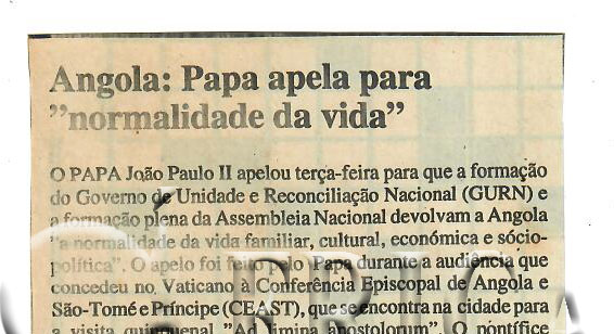 Angola: Papa apela para “normalidade da vida” – 29 de Maio de 1997 (Notícias)