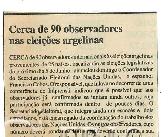 Cerca de 90 observadores nas eleições argelinas – 20 de Maio de 1997 (Notícias)