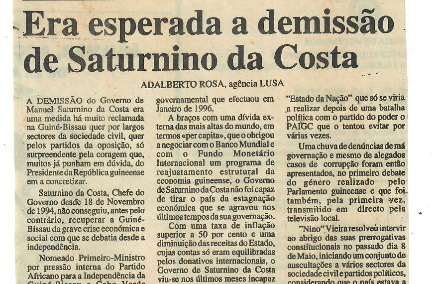 Guiné-Bissau: Era esperada a demissão de Saturnino da Costa – 29 de Maio de 1997 (Notícias)