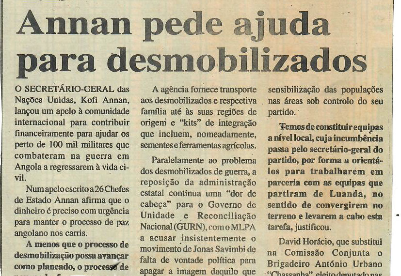 Angola: Annan pede ajuda para desmobilizados – 22 de Maio de 1997 (Notícias)