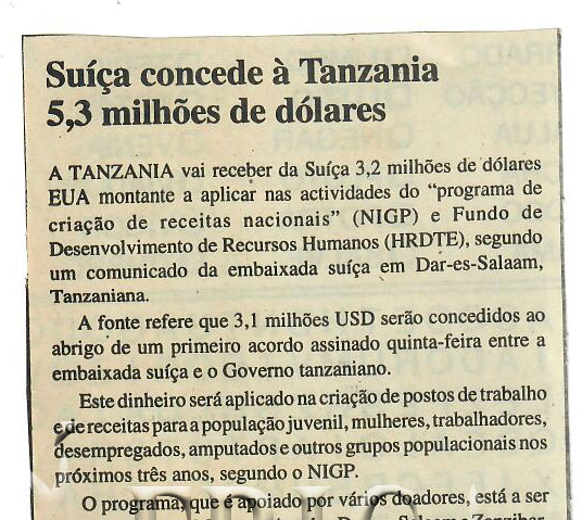 Suíça concede à Tanzania 5,3 milhões de dólares – 31 de Maio de 1997 (Notícias)