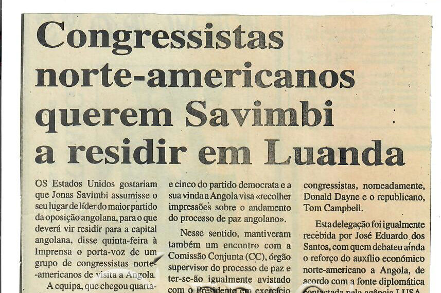 Congressistas norte-americanos querem Savimbi a residir em Luanda – 31 de Maio de 1997 (Notícias)