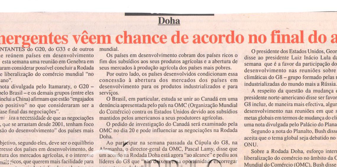 Doha: Emergentes vêem chance de acordo no final do ano – 15 de Junho de 2007 (Notícias)