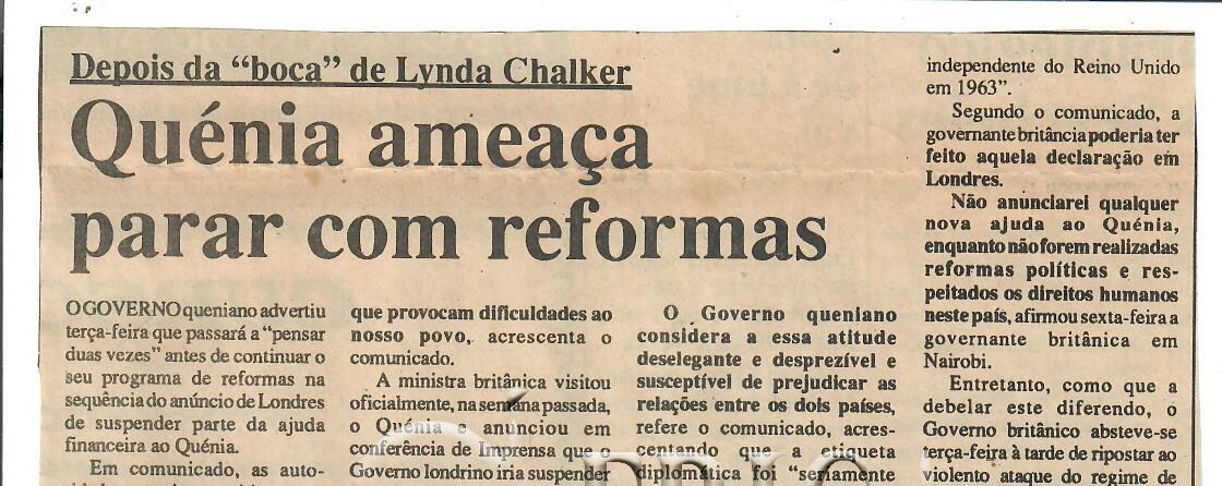 Depois da “boca” de Lynda Chalker – Quénia ameaça parar com reformas – 03 de Agosto de 1995 (Notícias)