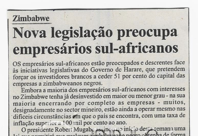 Zimbabwe: Nova legislação preocupa empresários sul-africanos – 15 de Março de 2008 (Notícias)