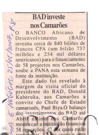 Banco Africano de Desenvolvimento (BAD) investe nos Camarões – 25 de Maio de 2007 (Notícias)