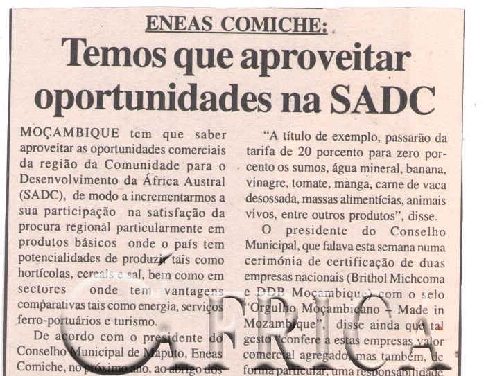Eneas Comiche: Temos que aproveitar oportunidades na Comunidade de Desenvolvimento da África Austral (SADC) -25 de Maio de 2007 (Notícias)