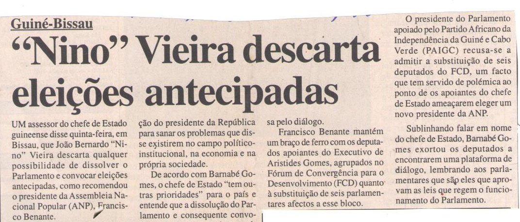 Guiné-Bissau: “Nino” Vieira descarta eleições antecipadas – 30 de Dezembro de 2006 (Notícias)