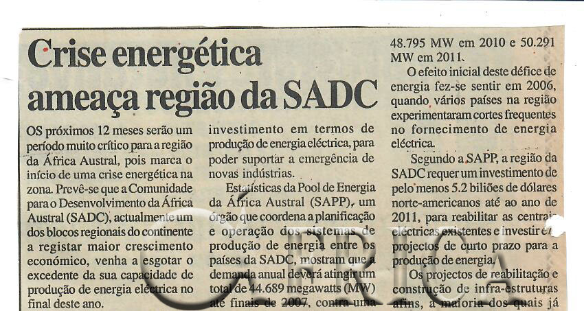 Crise energética ameaça região da SADC – 10 de Janeiro de 2007 (Notícias)