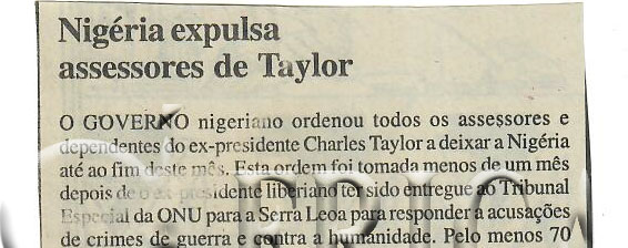 Nigéria expulsa assessores de Taylor – 25 de Aril de 2006 (Notícias)