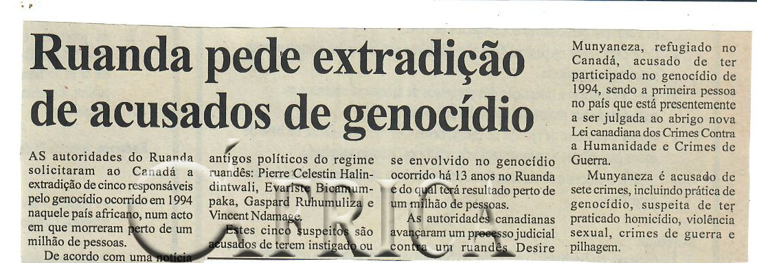 Ruanda pede extradição de acusados de genocídio – 01 de Setembro de 2007 (Notícias)