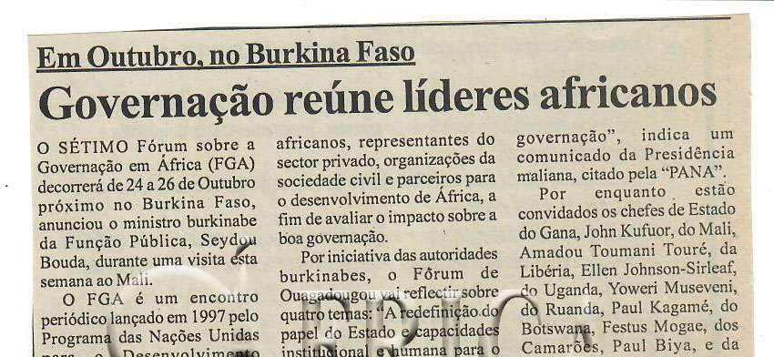 Em Outubro no Burkina Faso – Governação reúne líderes africanos – 01 de Setembro de 2007 (Notícias)