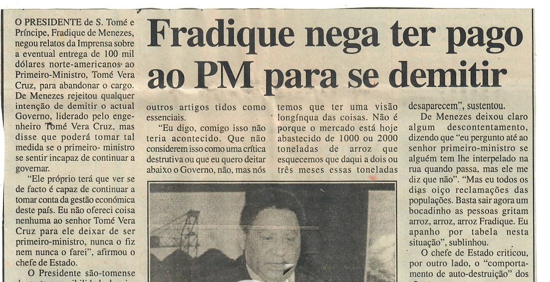 Fradique nega ter pago ao PM para se demitir – 12 de Setembro de 2007 (Notícias)