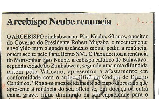 Arcebispo Ncube renuncia – 12 de Setembro de 2007 (Notícias)