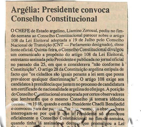 Argélia: Presidente convoca Conselho Constitucional – 01 de Agosto de 1995 (Notícias)
