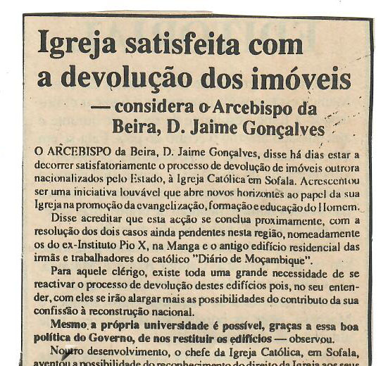 Igreja satisfeita com a devolução dos imóveis – considera o Arcebispo da Beira, D. Jaime Gonçalves – 03 de Agosto de 1995 (Notícias)